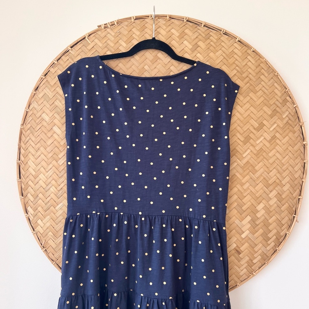 STYLISH BODEN ROMAINE SLEEVELESS DRESS BLUE W/ GOLD POLKA DOTS TIERED SKIRT EUC - Picture 11 of 15